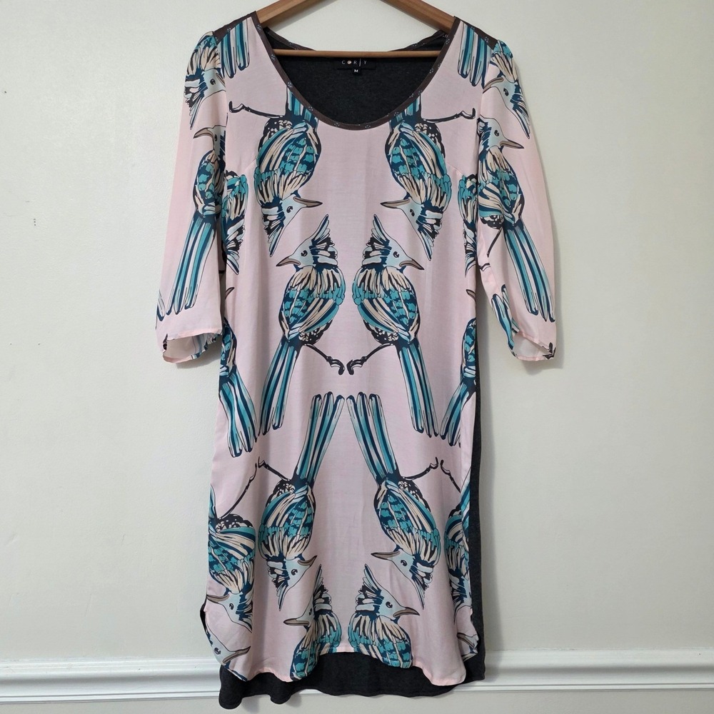 Corey Bird Print Dress Sz M Pink Silk Blend Boho Artsy Resort Sheath